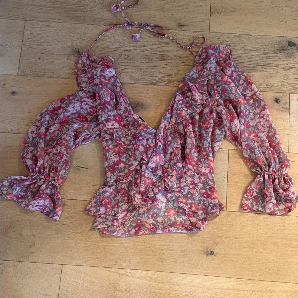 Misa Los Angeles Floral Ruffle Blouse in Pink and Red